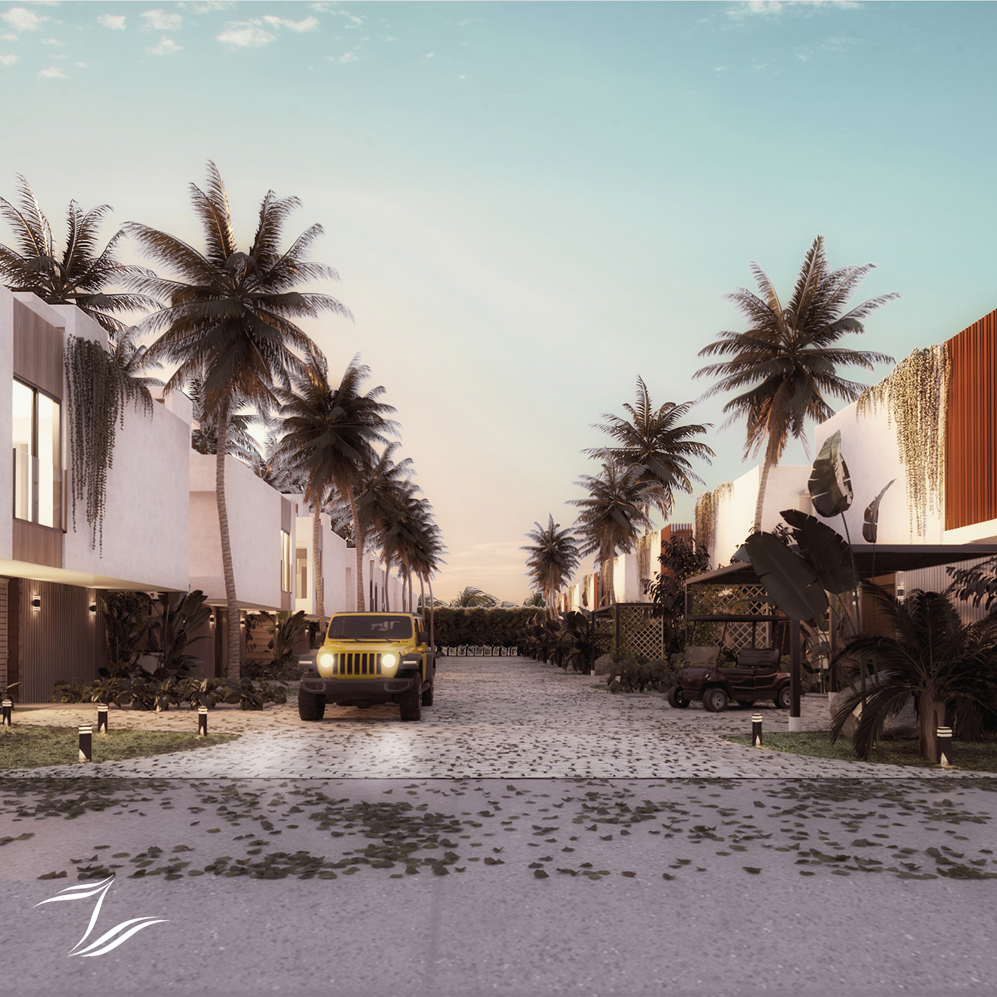 Villa exterior — calle entre palmeras al atardecer